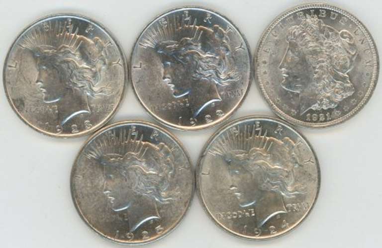 5 Diff. Choice BU Morgan & Peace Silver Dollars 1921 to 1925