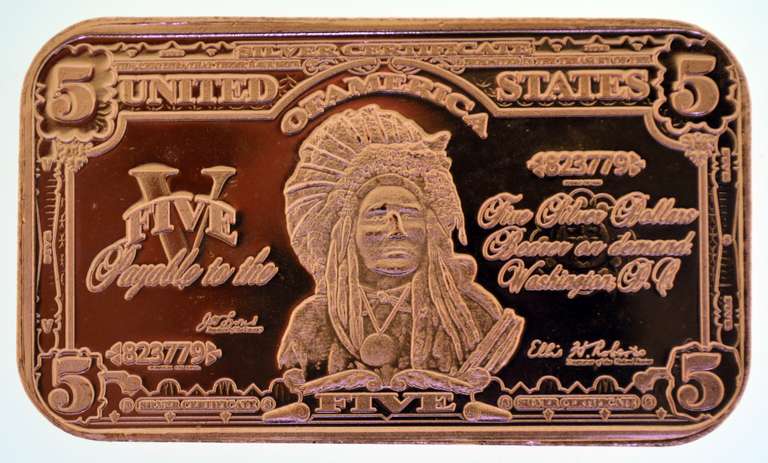 $5 Indian Chief Note 1 oz .999 Fine Copper Bar