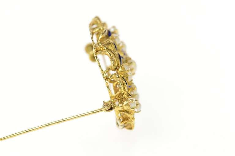 14K Yellow Gold Ornate Victorian Opal Blue Enamel Elaborate Pin/Brooch