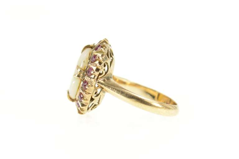 18K Yellow Gold Victorian Natural Opal Ruby Halo Statement Ring