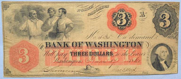 $3 January 1861 Bank Of Washington North Carolina November 1861 Note