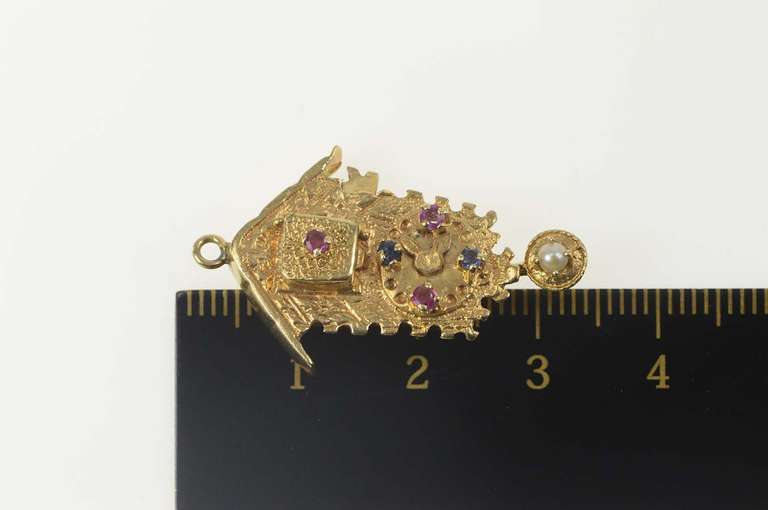 14K Yellow Gold Articulated German Clock Ruby Sapphire Charm/Pendant