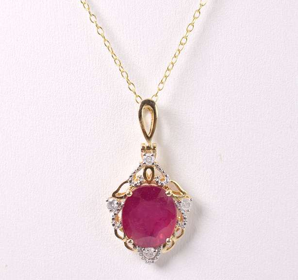 Incredible 5.08CTS oval Cut Ruby & 0.19CTW Diamond Pendant Necklace in Gold Plated Sterling Silver