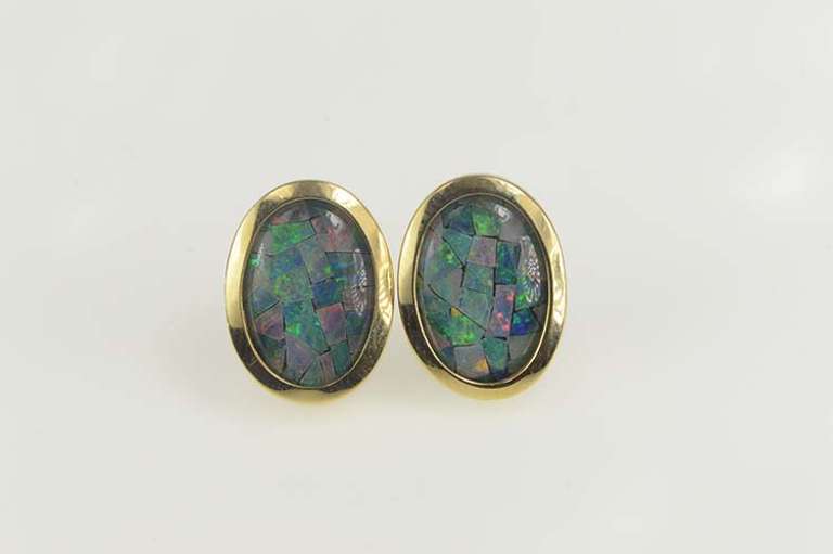 14K Yellow Gold Oval Retro Opal Mosaic Classic Stud Earrings