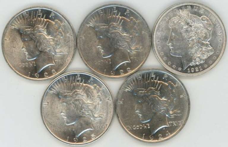 5 Diff. Choice BU Morgan & Peace Silver Dollars 1921 to 1925