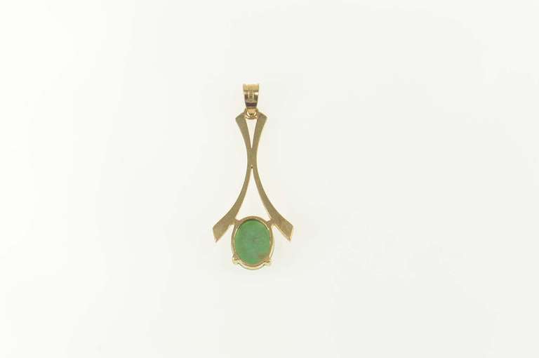 14K Yellow Gold Oval Jade Cabochon Curved Drop Statement Pendant