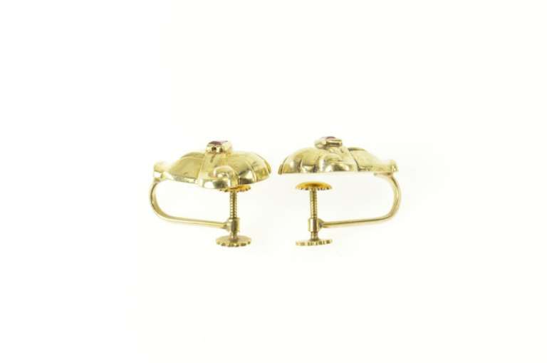 14K Yellow Gold 1930's Syn. Ruby Ornate Scroll Screw Back Earrings