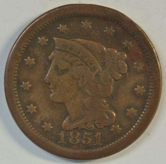 Very Scarce 1851/81 Braided Hair Large Cent in VF