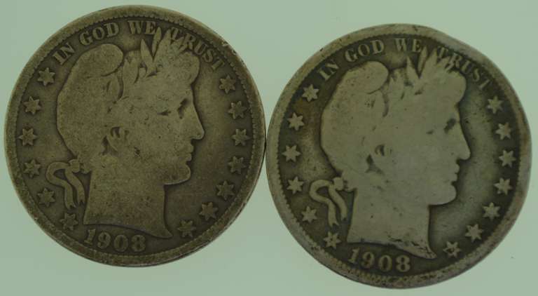 Two(2) 1908-D Barber Half Dollar
