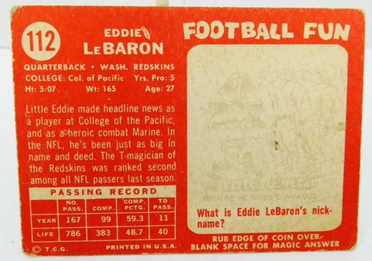 1958 Eddie LeBaron, Redskins QB Football Card