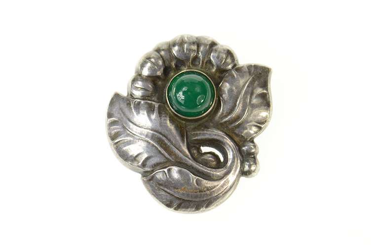 Sterling Silver Georg Jensen Green Agate Ornate Leaf 71 Pin/Brooch