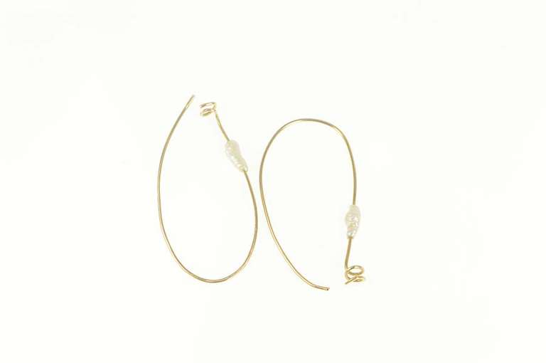 14K Yellow Gold Pearl Beaded Oval Spiral Accent Hoop Earrings