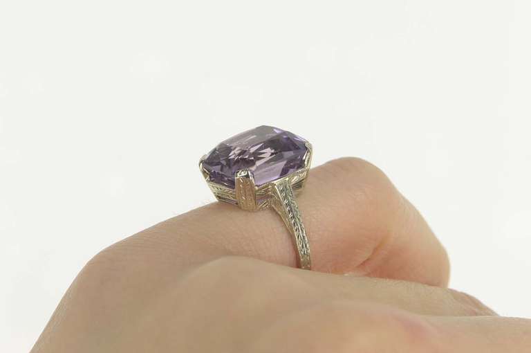 14K White Gold Art Deco Emerald Cut Syn. Amethyst Cocktail Ring