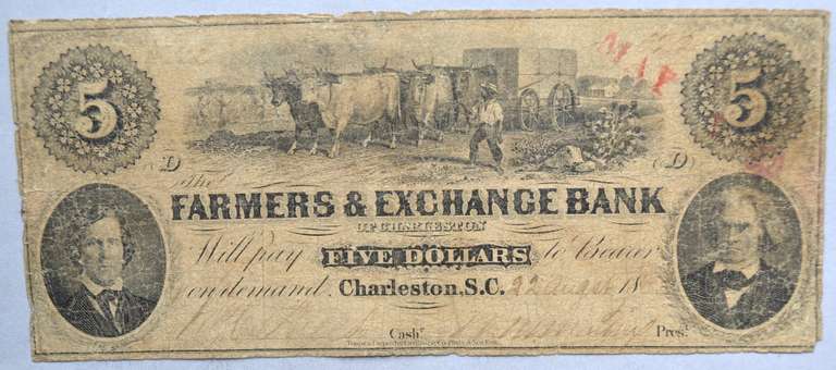 $5 Farmers &Exchange Bank Charleston S.C  Note