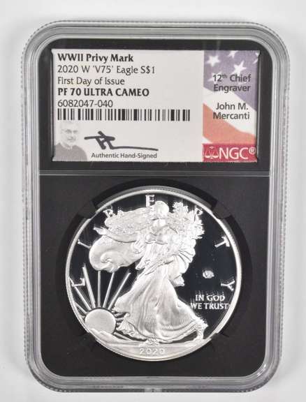 PF70UCAM 2020-W American Silver Eagle WWII Privy Mark - Signed - NGC
