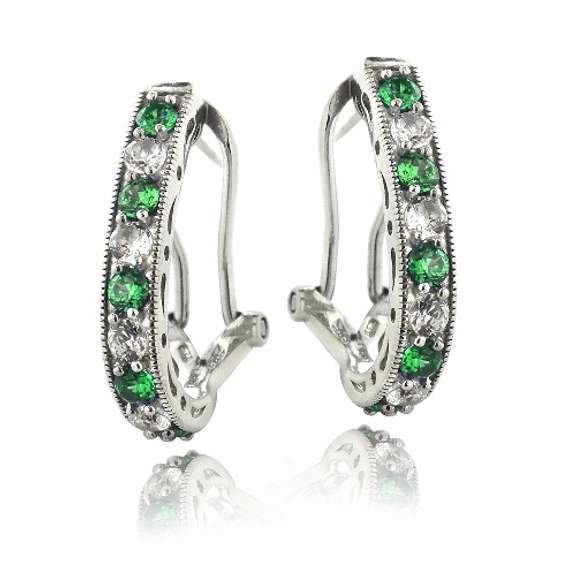 Sterling Silver 2.25ct Created Emerald & White Sapphire Oval Clutchless Earrings