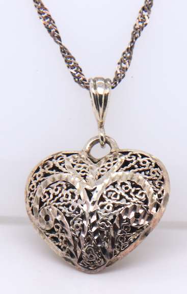 Vintage Sterling Silver 3D Heart Shaped Pendant on Chain
