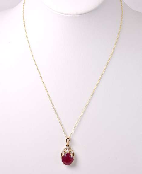 Beautiful 7.78CTS Oval Faceted Ruby & Diamond Pendant Necklace in 14K Yellow Gold Over Sterling Silv