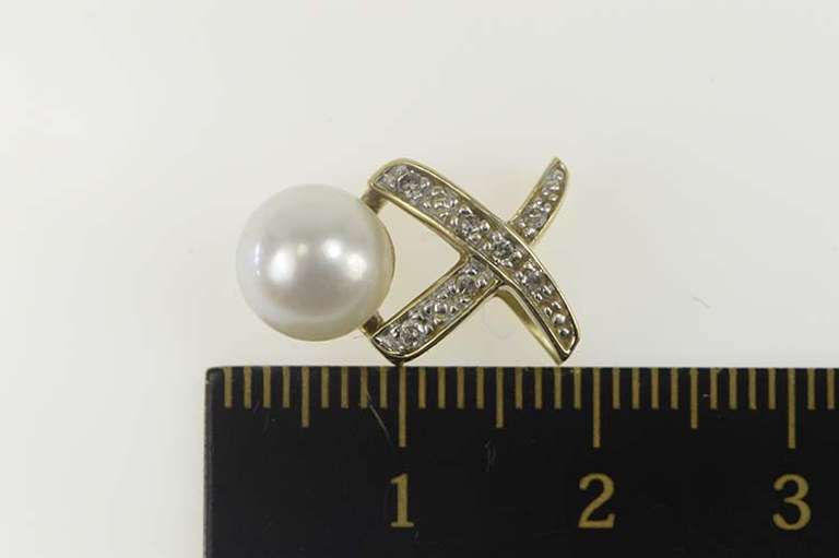 10K Yellow Gold Diamond Pearl X Criss Cross Statement Pendant