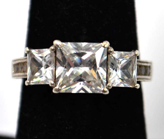 Triple Clear Ornate Gemstone Sterling Silver Ring.