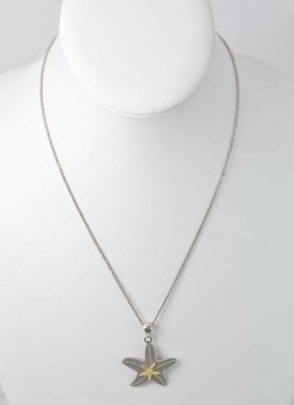 Sterling Silver Stippled Starfish With Gold-Tone Centerpiece On Sterling Silver Chain