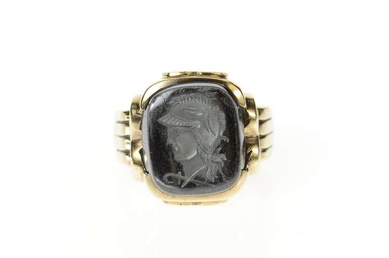 10K Yellow Gold Carved Hematite Intaglio Soldier Men's Ring