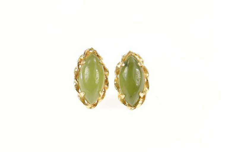 10K Yellow Gold Marquise Nephrite Jade Cabochon Retro Stud Earrings