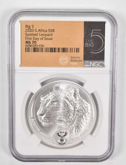 MS70 2020 South Africa 5 Rand 1oz .999 Fine Silver Spotted Leopard NGC