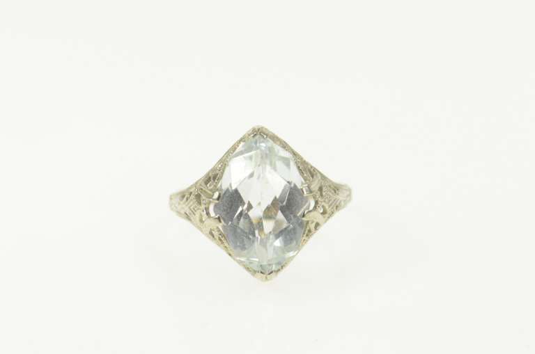 14K White Gold Art Deco Filigree Sim. Blue Topaz Engagement Ring