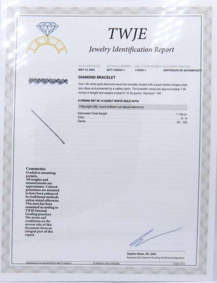Powerful White Gold 1.15ctw Diamond Wave Barcelet