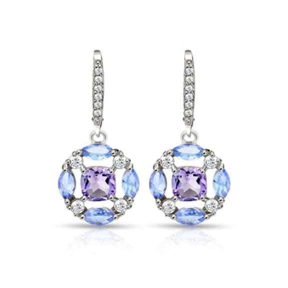 Sterling Silver Amethyst, Tanzanite and White Topaz Circle Dangle Leverback Earrings