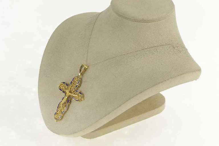 18K Yellow Gold Crucifix Scroll Enamel Cross Christian Pendant