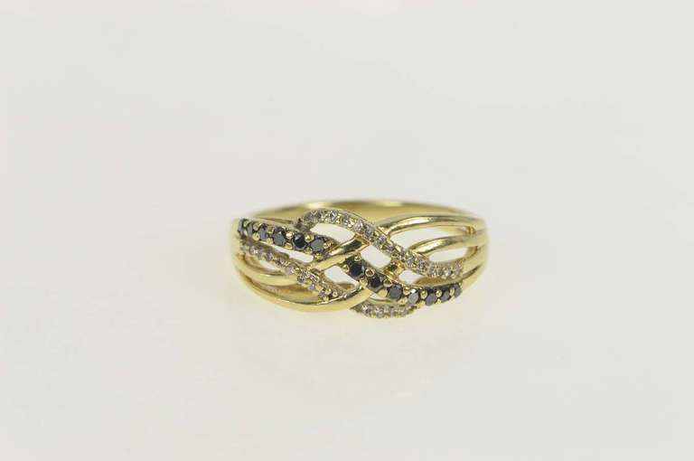 10K Yellow Gold White & Black Diamond Wavy Statement Band Ring
