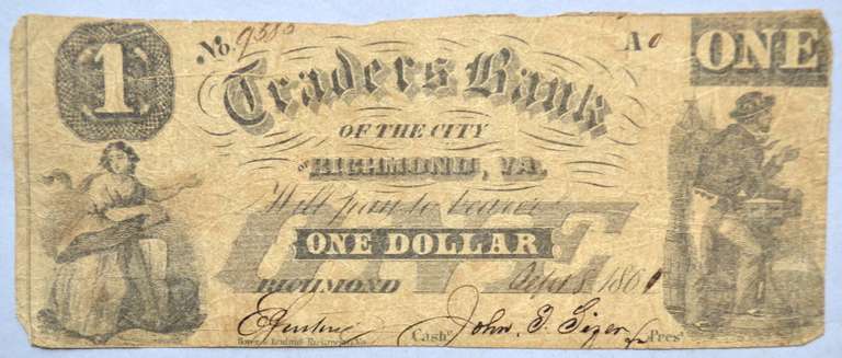 $1 Traders Bank Of Richmond Va April 8 1861 Note