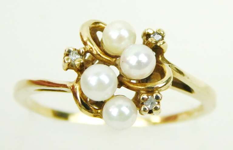 Vintage Pearls & Diamonds 10K Gold Ring, Size 8.25