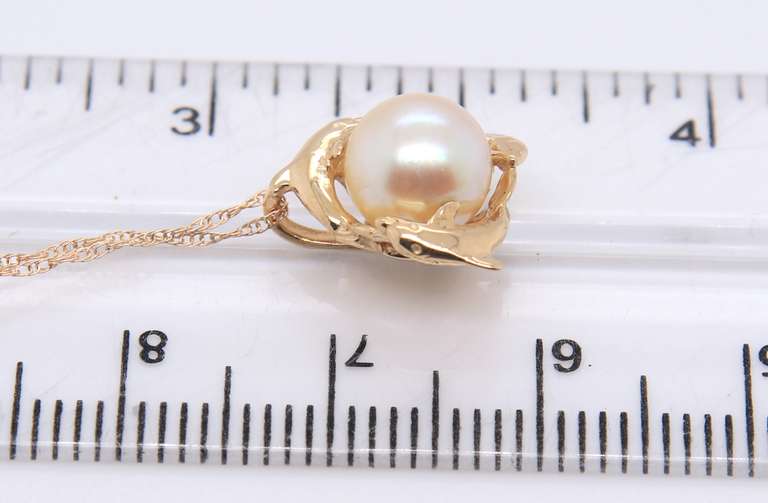 Charming Yellow Gold 8mm Pearl Dolphin Pendant on Chain
