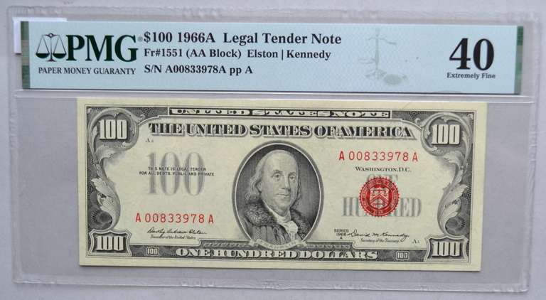 $100 1966a Kennedy US Note PMG XF 40