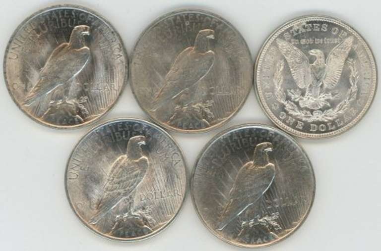 5 Diff. Choice BU Morgan & Peace Silver Dollars 1921 to 1925