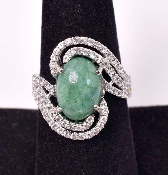 Mesmerizing 5.42CTS Cabochon-Cut Natural Emerald & 1.31CTW White Sapphire Ring in Sterling Silver