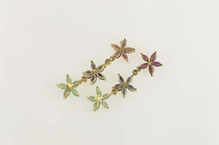 14K Yellow Gold Emerald Sapphire Diamond Flower Dangle Earrings