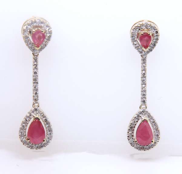 Stunning Yellow Gold Pear Ruby & Diamond Halo Dangle Earrings