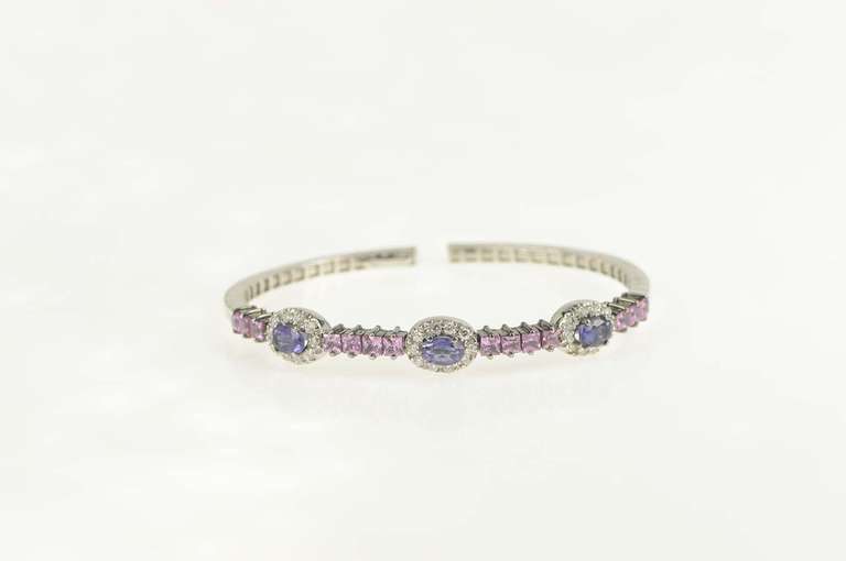 18K White Gold 3.80 Ctw Iolite Diamond Halo Pink Topaz Bracelet