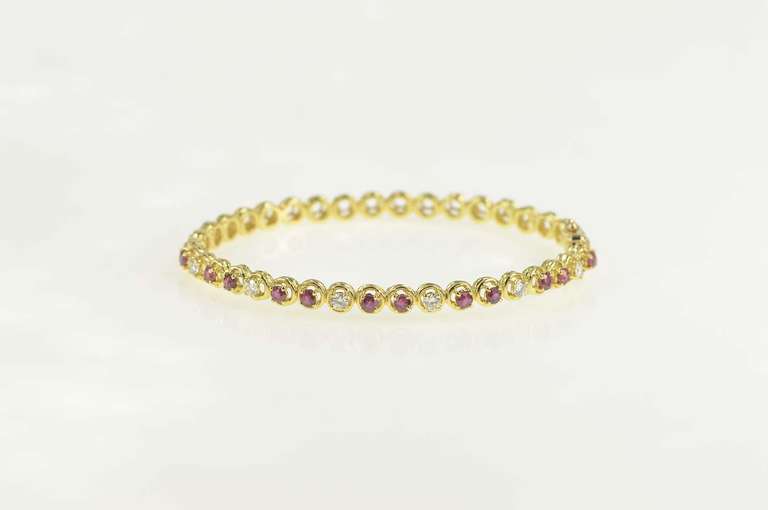 18K Yellow Gold 1.92 Ctw Ruby Diamond Encrusted Bangle Bracelet