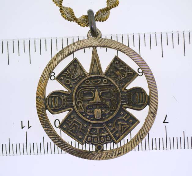 Mexico Sterling Silver Mayan Sun God Pendant With Italian Rope Chain