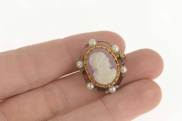 14K Yellow Gold Catherine De Medici Pearl Diamond Cameo Pin/Brooch