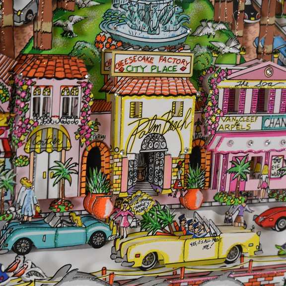 Charles Fazzino, "Perfectly Palm Beach (Green)" Framed 3D Limited Edition Silk Screen, DX Numbered and Hand Signed with Certificate of Authenticity.