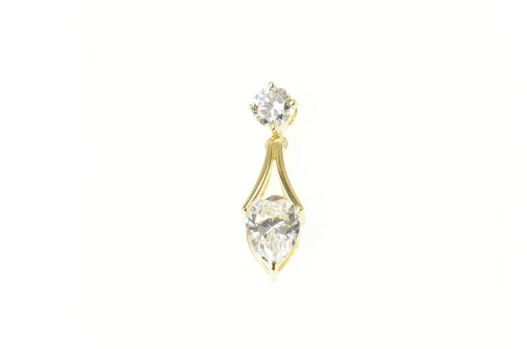14K Yellow Gold Round & Pear CZ Drop Dangle Statement Pendant