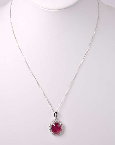 Stunning 7.55CTS Ruby & 0.27CTW Diamond Pendant Necklace in Sterling Silver