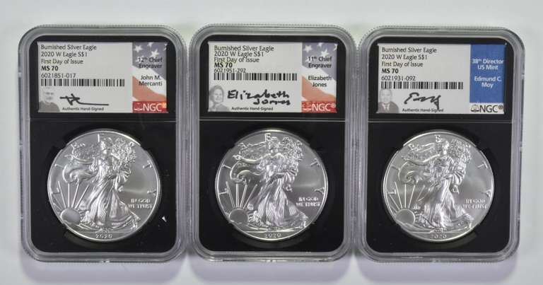 (3) MS70 2020-W American Burnished Silver Eagle - FDOI - Signed - NGC