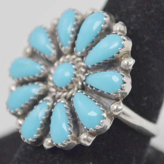Turquoise Native American Large Flower Styled Sterling Silver Ring